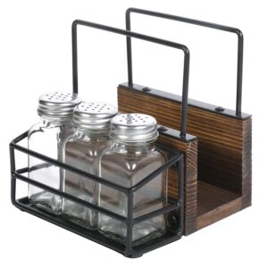 MyGift Rustic Tabletop Caddy, Brown Wood and Black Metal Wire Napkin Holder with 3 Glass Seasoning/Salt and Pepper Shakers