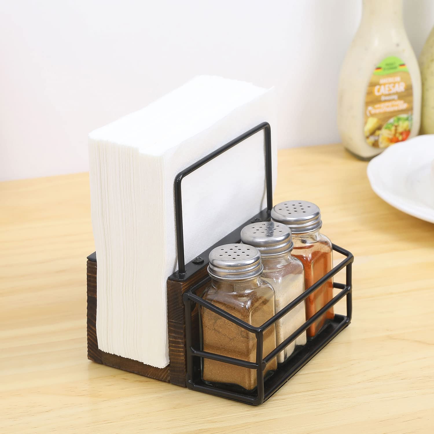 MyGift Rustic Tabletop Caddy, Brown Wood and Black Metal Wire Napkin Holder with 3 Glass Seasoning/Salt and Pepper Shakers