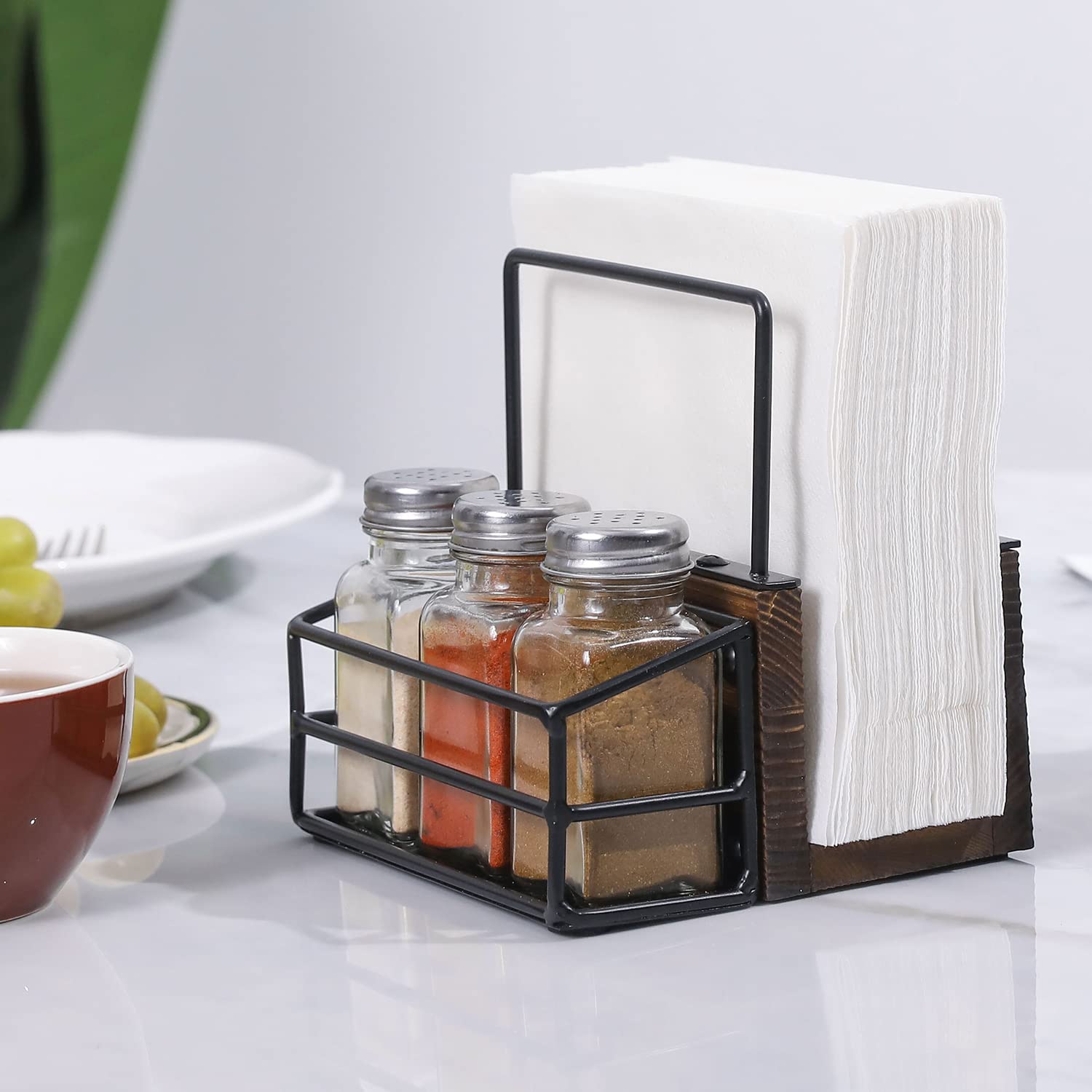 MyGift Rustic Tabletop Caddy, Brown Wood and Black Metal Wire Napkin Holder with 3 Glass Seasoning/Salt and Pepper Shakers