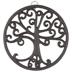 gasaré, cast iron trivet for hot dishes, pots, and pans, metal trivet, tree of life design, rubber feet caps, ring hanger, 8 inches, brown, 1 unit