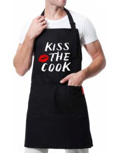 xbpdmwin kiss the cook apron men - funny bbq grill apron for cooking enthusiasts - adjustable apron with 2 pockets for adult/men/women (black)