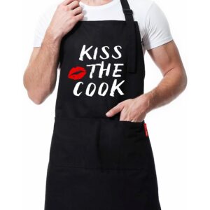 XBPDMWIN Kiss the Cook Apron Men - Funny BBQ Grill Apron for Cooking Enthusiasts - Adjustable Apron with 2 Pockets for Adult/Men/Women (Black)