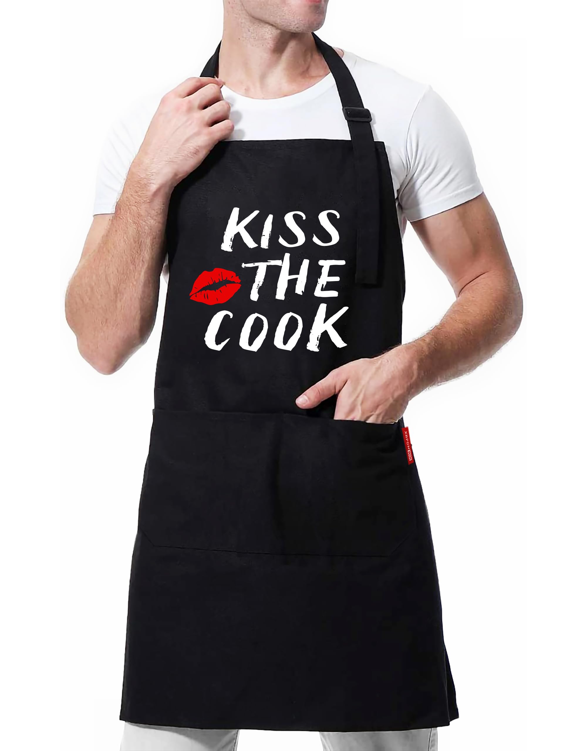 XBPDMWIN Kiss the Cook Apron Men - Funny BBQ Grill Apron for Cooking Enthusiasts - Adjustable Apron with 2 Pockets for Adult/Men/Women (Black)