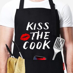 XBPDMWIN Kiss the Cook Apron Men - Funny BBQ Grill Apron for Cooking Enthusiasts - Adjustable Apron with 2 Pockets for Adult/Men/Women (Black)