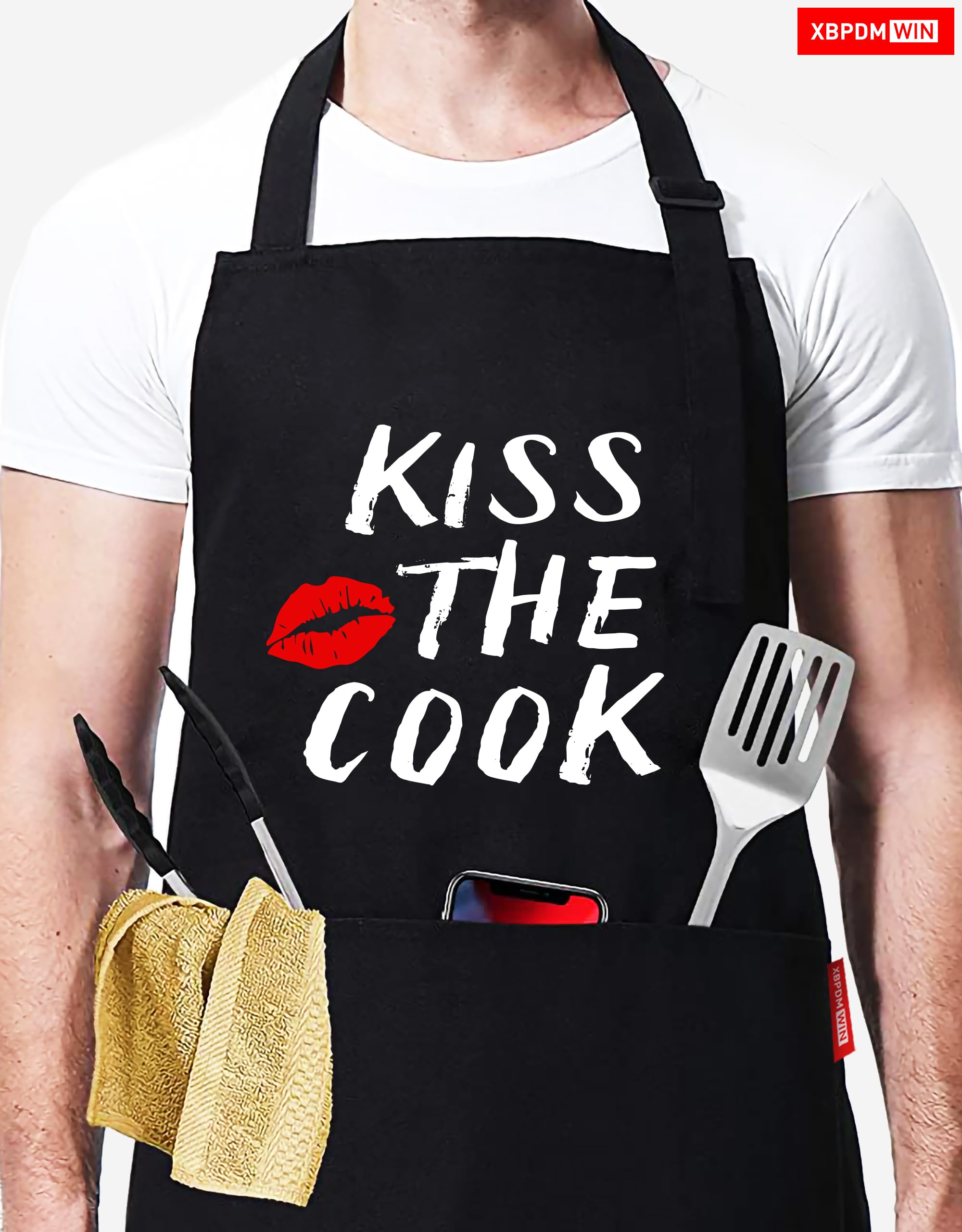 XBPDMWIN Kiss the Cook Apron Men - Funny BBQ Grill Apron for Cooking Enthusiasts - Adjustable Apron with 2 Pockets for Adult/Men/Women (Black)