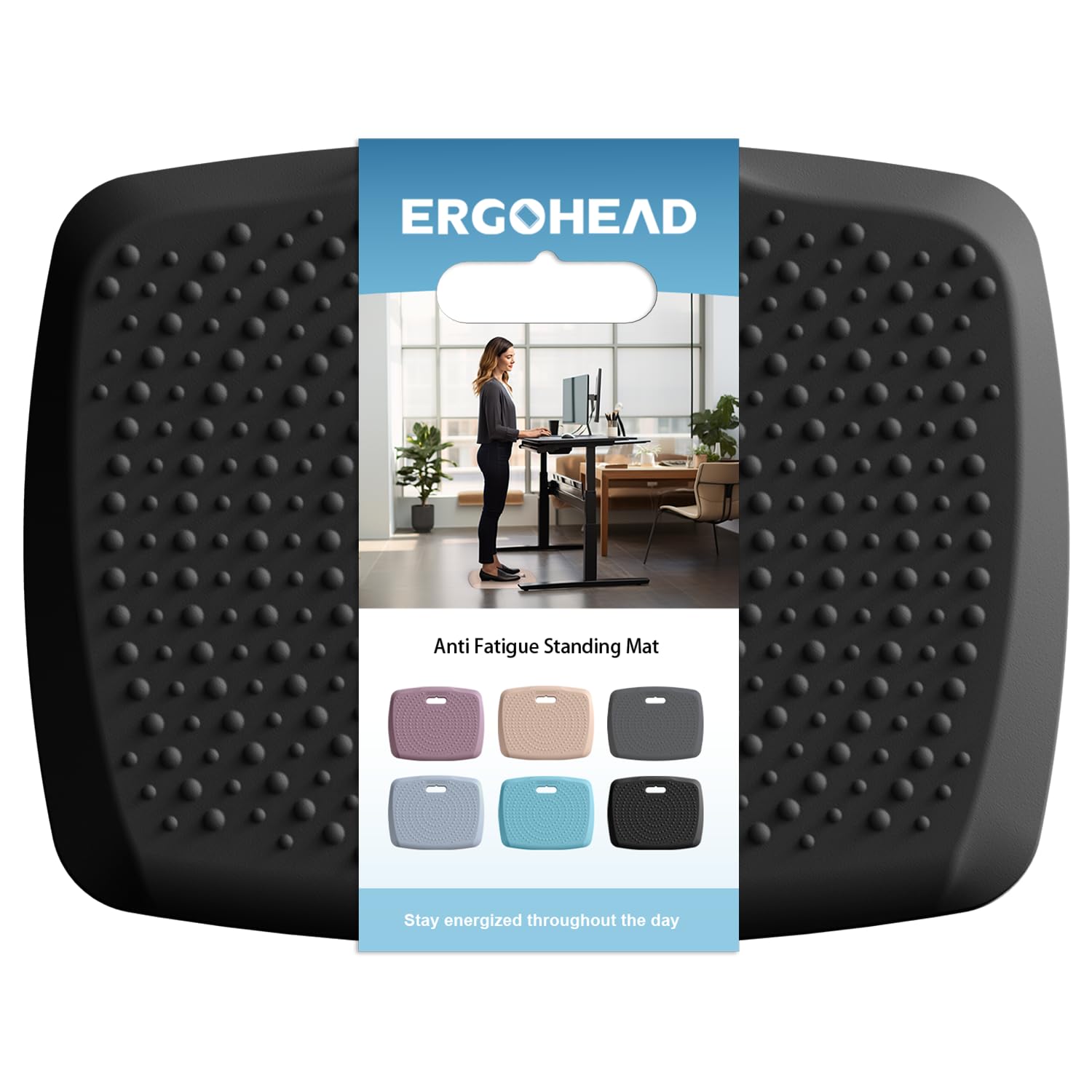 Ergohead Anti Fatigue Kitchen Floor Mat Comfort Standing Mat, Portable Office Standing Desk Mat, Multi-Purpose Kitchen Rug, Built-in Handle with Massage Points Comfort Floor Mat (Black, 17" x 22")