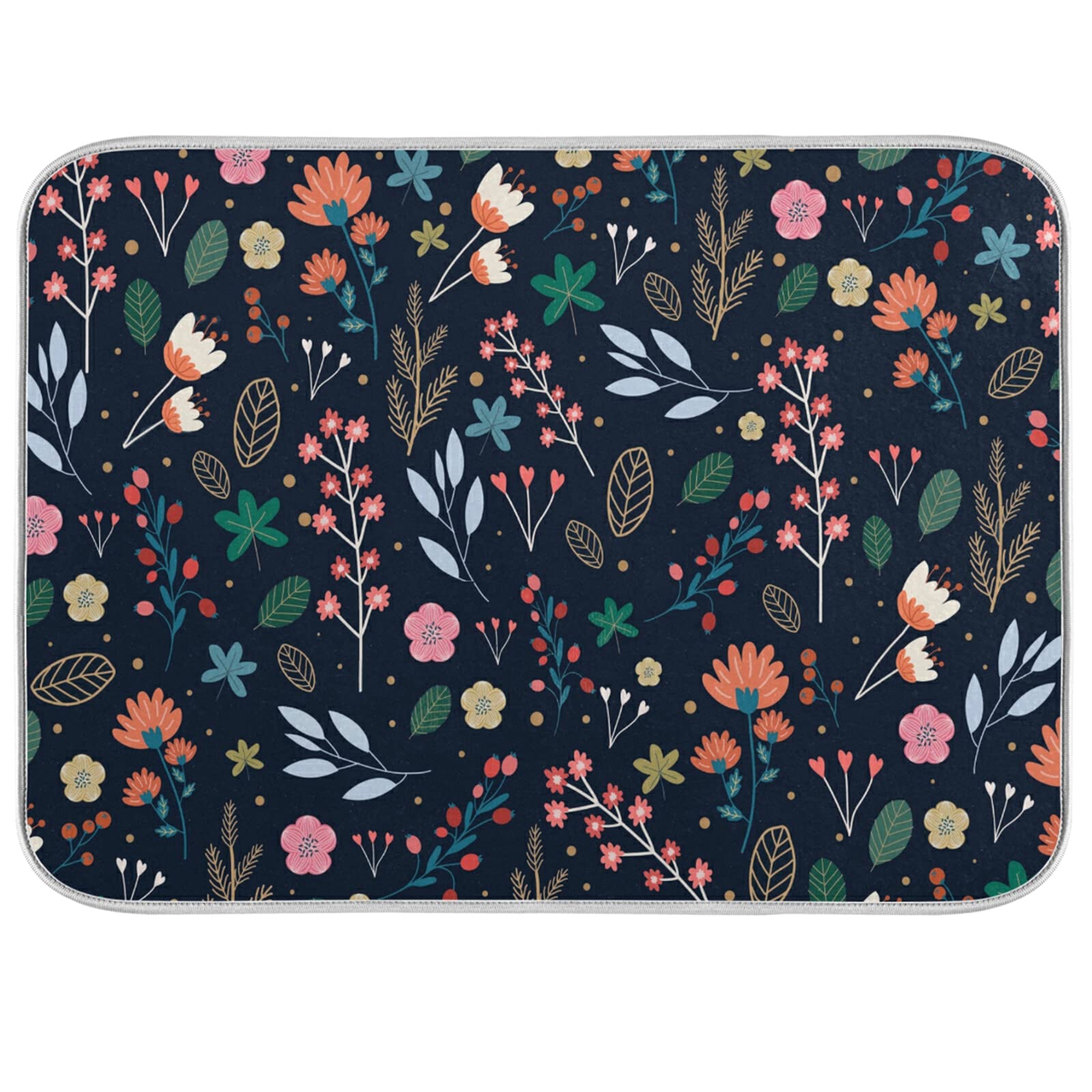 Dish Drying Mat for Kitchen Counter Colorful Flowers Black Absorbent Drying Matt for Dishes Sink Countertop 16'' x 18''