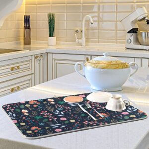 Dish Drying Mat for Kitchen Counter Colorful Flowers Black Absorbent Drying Matt for Dishes Sink Countertop 16'' x 18''