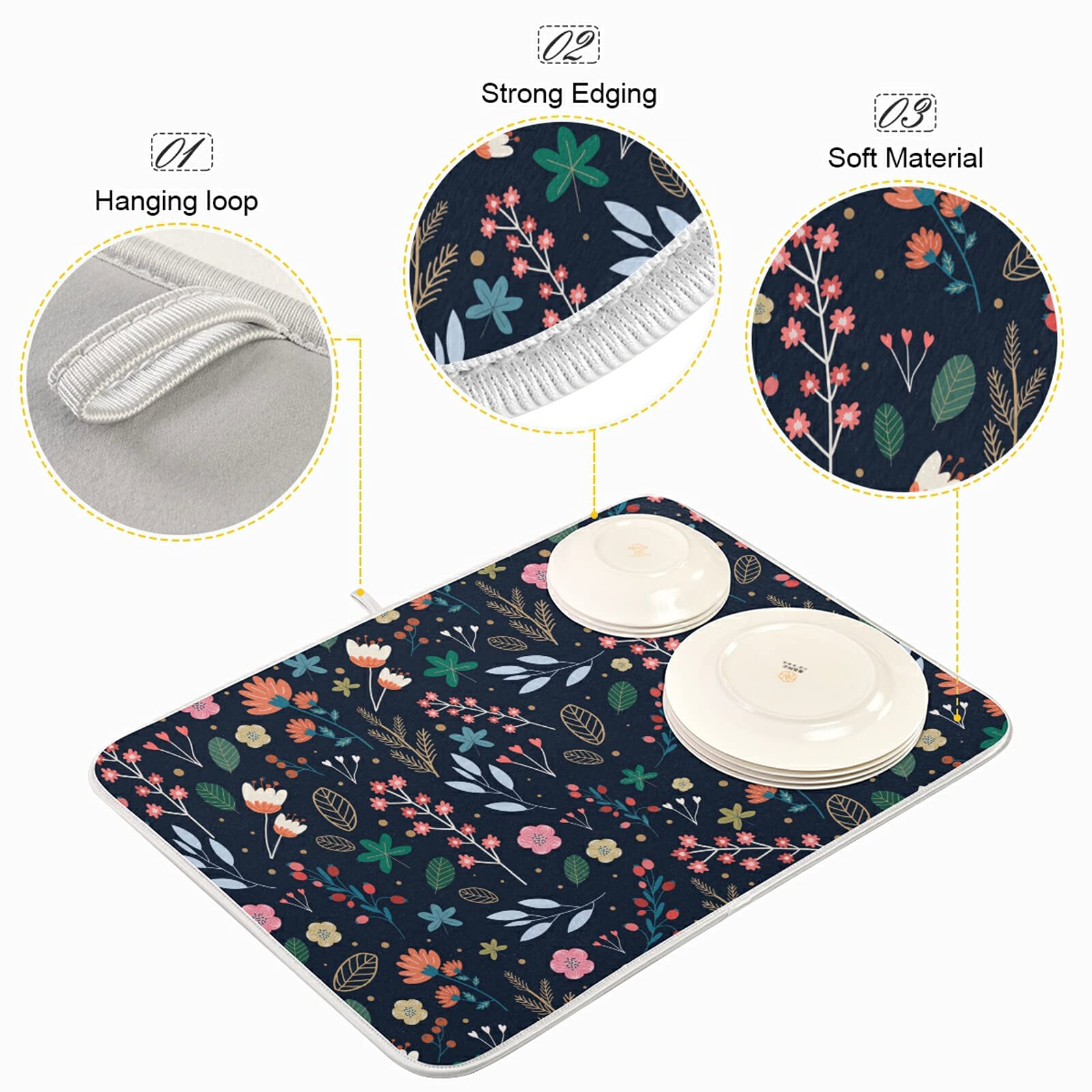 Dish Drying Mat for Kitchen Counter Colorful Flowers Black Absorbent Drying Matt for Dishes Sink Countertop 16'' x 18''