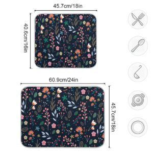 Dish Drying Mat for Kitchen Counter Colorful Flowers Black Absorbent Drying Matt for Dishes Sink Countertop 16'' x 18''