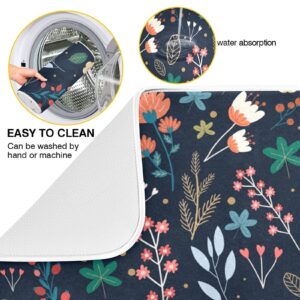 Dish Drying Mat for Kitchen Counter Colorful Flowers Black Absorbent Drying Matt for Dishes Sink Countertop 16'' x 18''