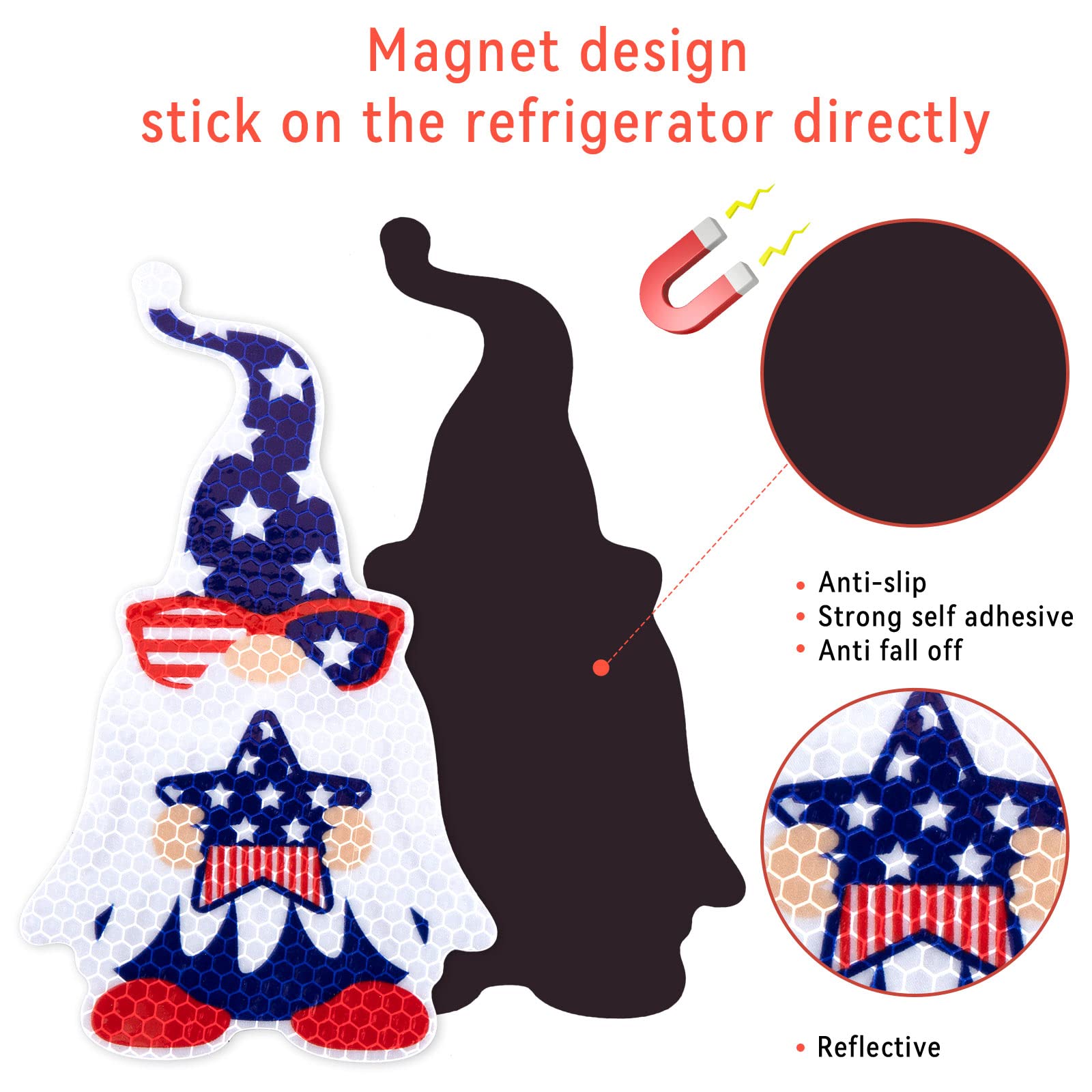 Whaline 24Pcs 4th of July Reflective Car Magnets Patriotic Refrigerator Magnets Independence Day Gnome Fridge Decor USA Flag Star Bulb Light Magnet with Lines for Kitchen,Metal Door,Cabinets,Mailbox