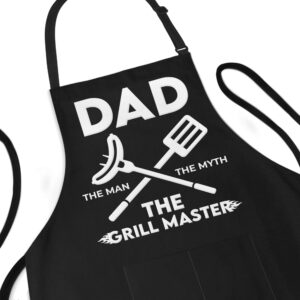 apron daddy apron for men - dad the man the myth the grill master - adjustable large 1 size fits all - poly/cotton apron with 2 pockets - bbq gift apron for father, husband, chef