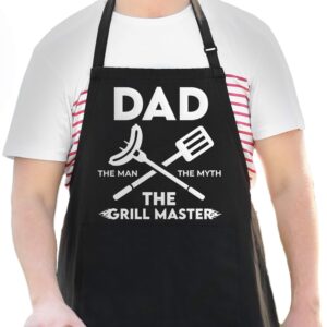 APRON DADDY Apron for Men - Dad The Man The Myth The Grill Master - Adjustable Large 1 Size Fits All - Poly/Cotton Apron with 2 Pockets - BBQ Gift Apron for Father, Husband, Chef