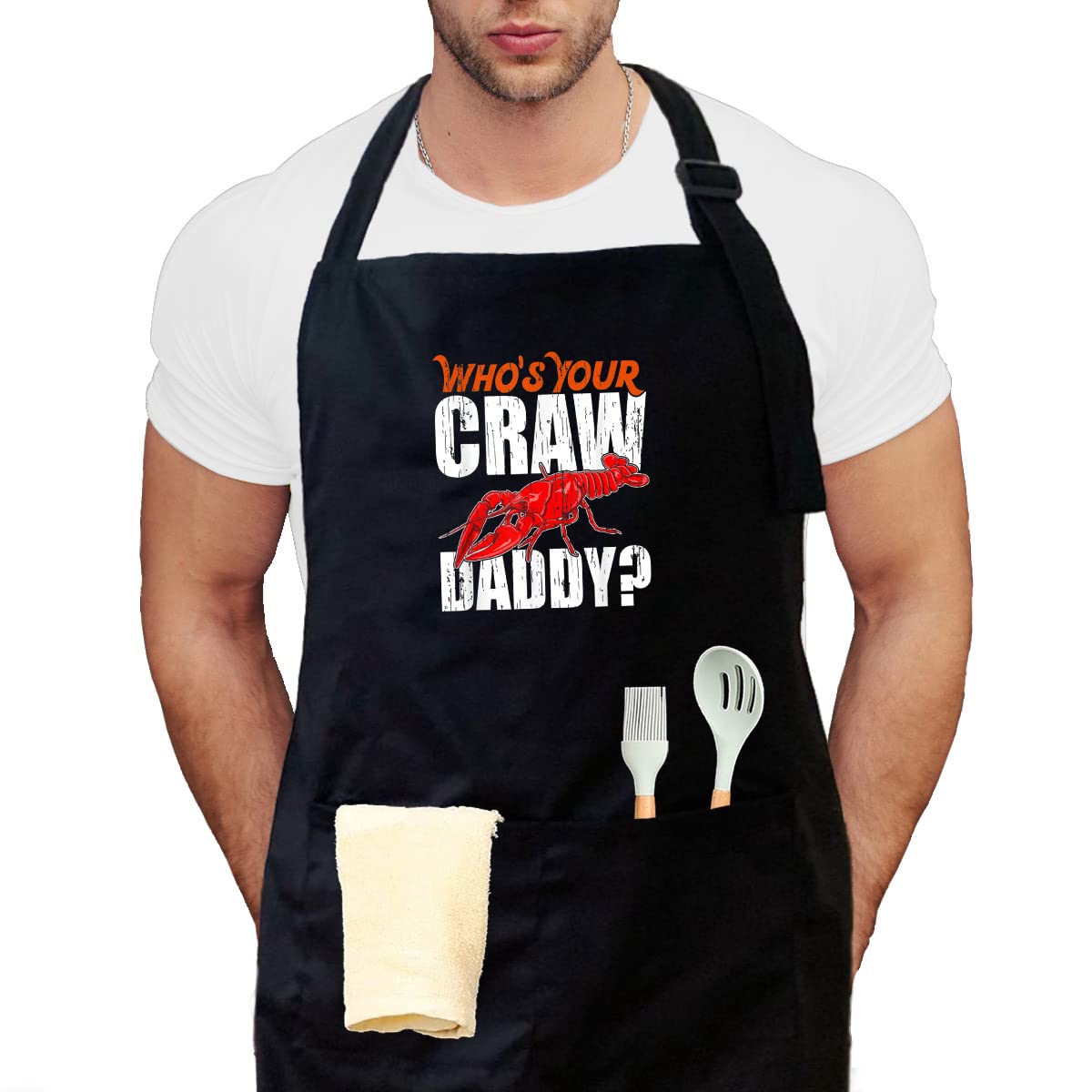 APASIN Cajun Crawfish apron, crawdaddy Kitchen Apron Gift with 2 Large Pockets, Adjustable neck strap apron, Gift for Dad, Grandpa, Uncle on Father's Day, Christmas gift (Crawdaddy - Black)