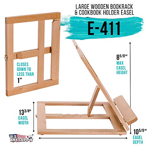U.S. Art Supply Large Wooden Table Bookrack Easel, Cookbook Stand, Text Book Tablet Rest - Premium Beechwood, Adjustable Incline - Portable Wood Kitchen Countertop Recipe Rack