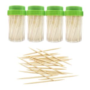 blue top bamboo wood toothpicks 1000 pcs in 4 bottles of 250, round sturdy toothpick holder double-side point,toothpick dispenser for teeth,food pick appetizers,cocktails fruits,olive&diy craft