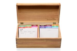 beautiful handcrafted recipe box of genuine acacia wood - larger size holds 500 4x6 cards in 2 rows. includes 50 cards, 15 dividers, grooved lid display. protected with mineral varnish. ideal gift
