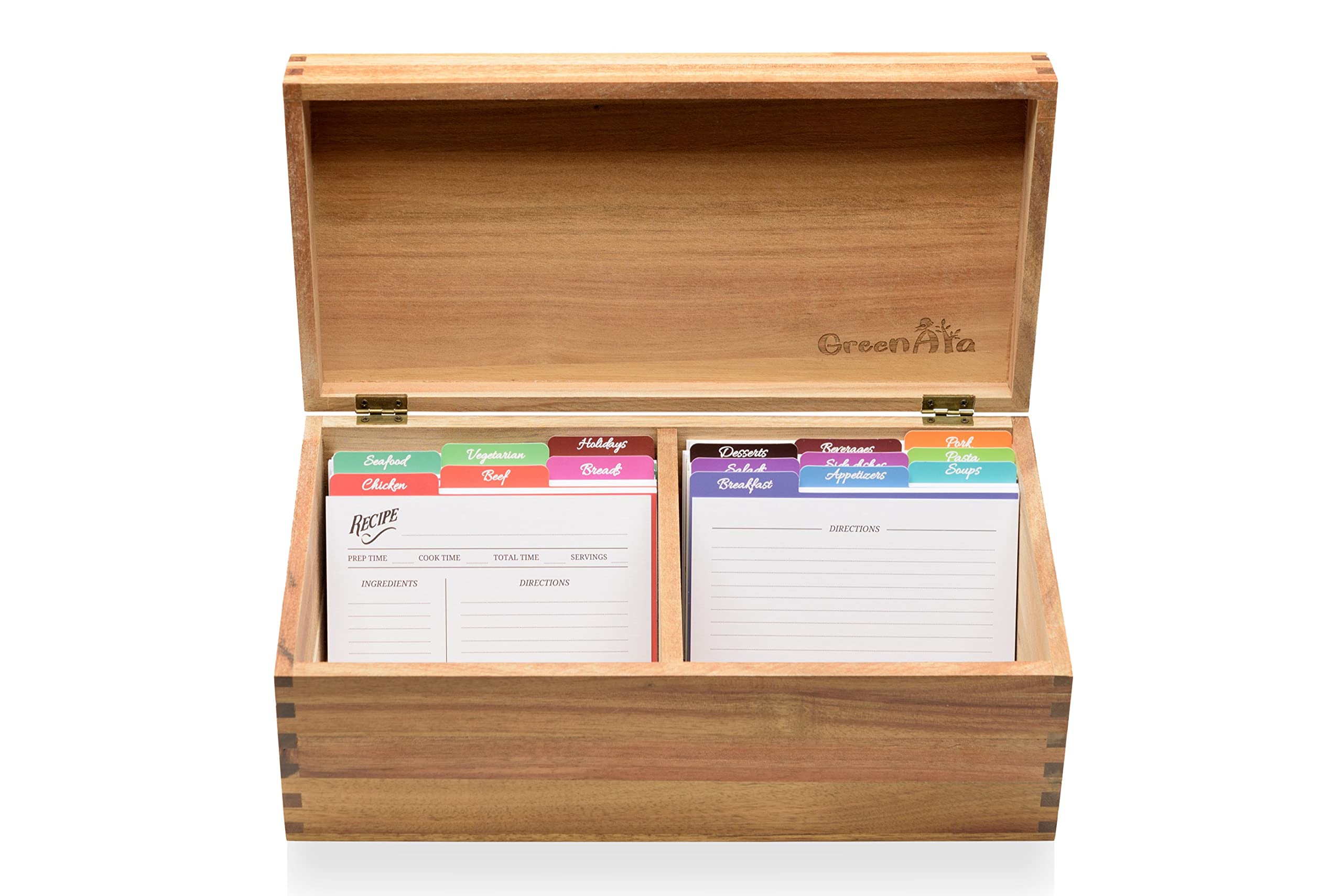 Beautiful Handcrafted Recipe Box of Genuine Acacia Wood - Larger Size Holds 500 4x6 Cards in 2 Rows. Includes 50 Cards, 15 Dividers, Grooved Lid Display. Protected with Mineral Varnish. Ideal Gift