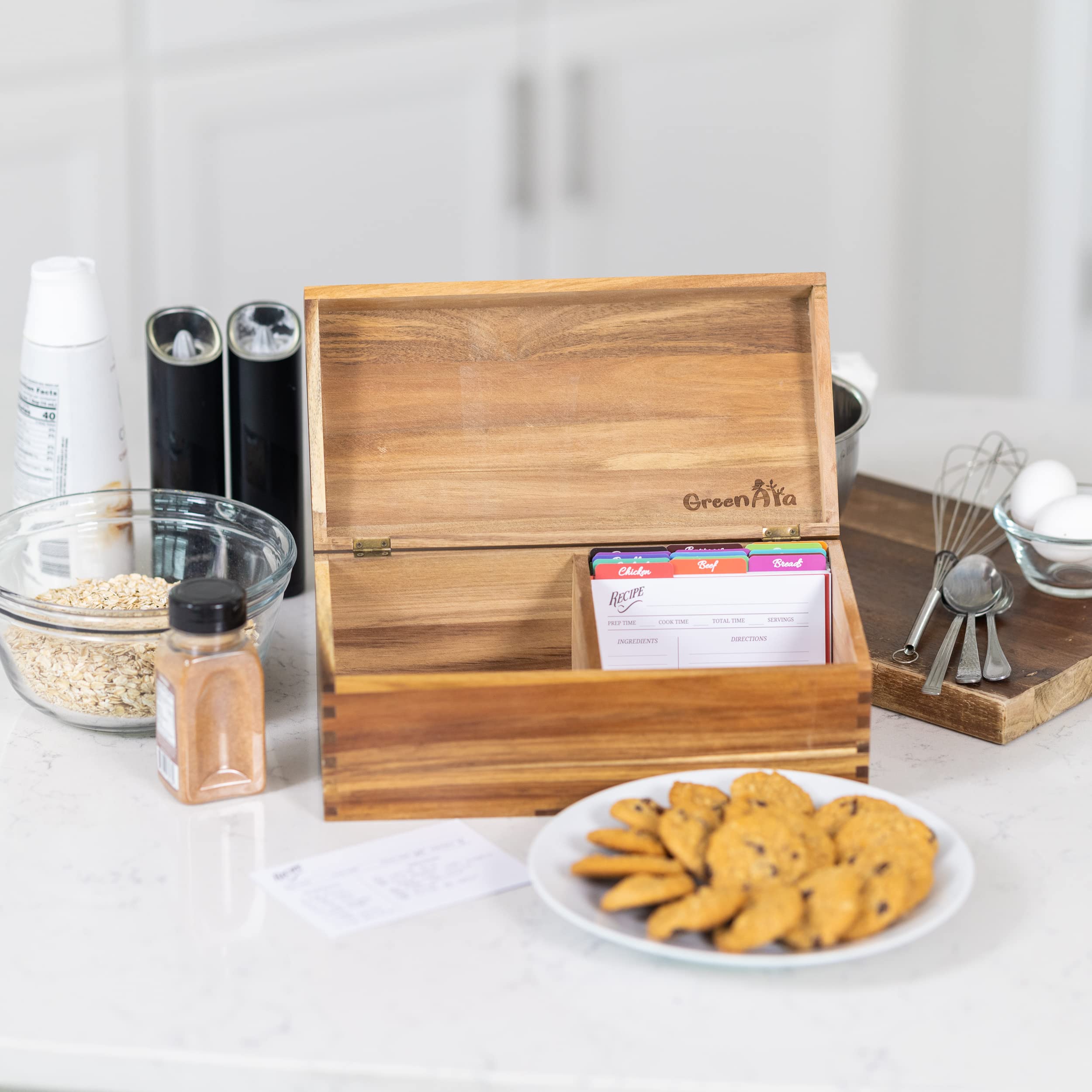 Beautiful Handcrafted Recipe Box of Genuine Acacia Wood - Larger Size Holds 500 4x6 Cards in 2 Rows. Includes 50 Cards, 15 Dividers, Grooved Lid Display. Protected with Mineral Varnish. Ideal Gift