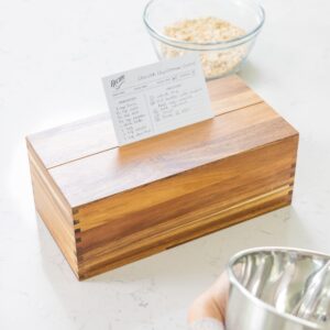 Beautiful Handcrafted Recipe Box of Genuine Acacia Wood - Larger Size Holds 500 4x6 Cards in 2 Rows. Includes 50 Cards, 15 Dividers, Grooved Lid Display. Protected with Mineral Varnish. Ideal Gift