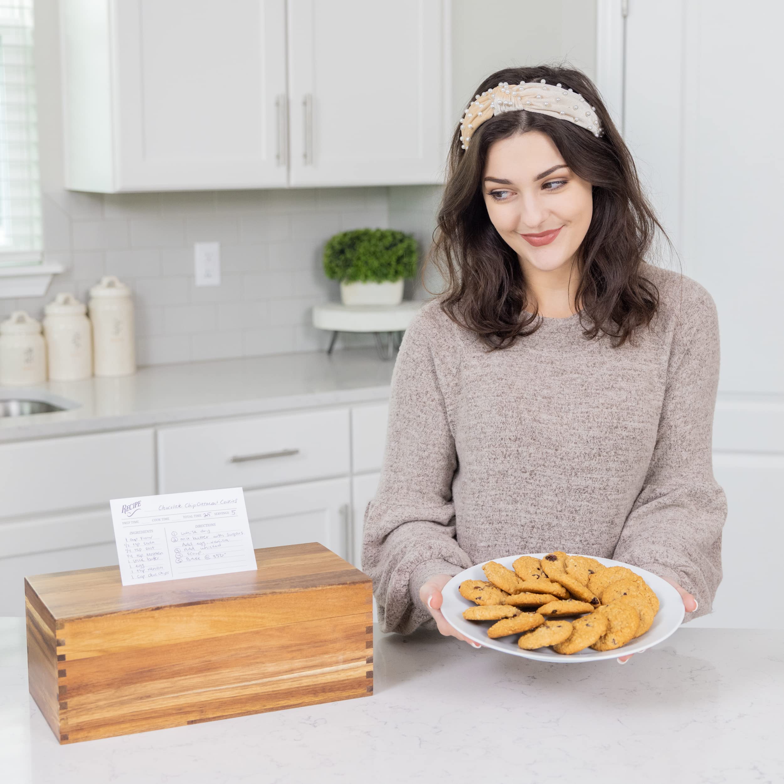 Beautiful Handcrafted Recipe Box of Genuine Acacia Wood - Larger Size Holds 500 4x6 Cards in 2 Rows. Includes 50 Cards, 15 Dividers, Grooved Lid Display. Protected with Mineral Varnish. Ideal Gift