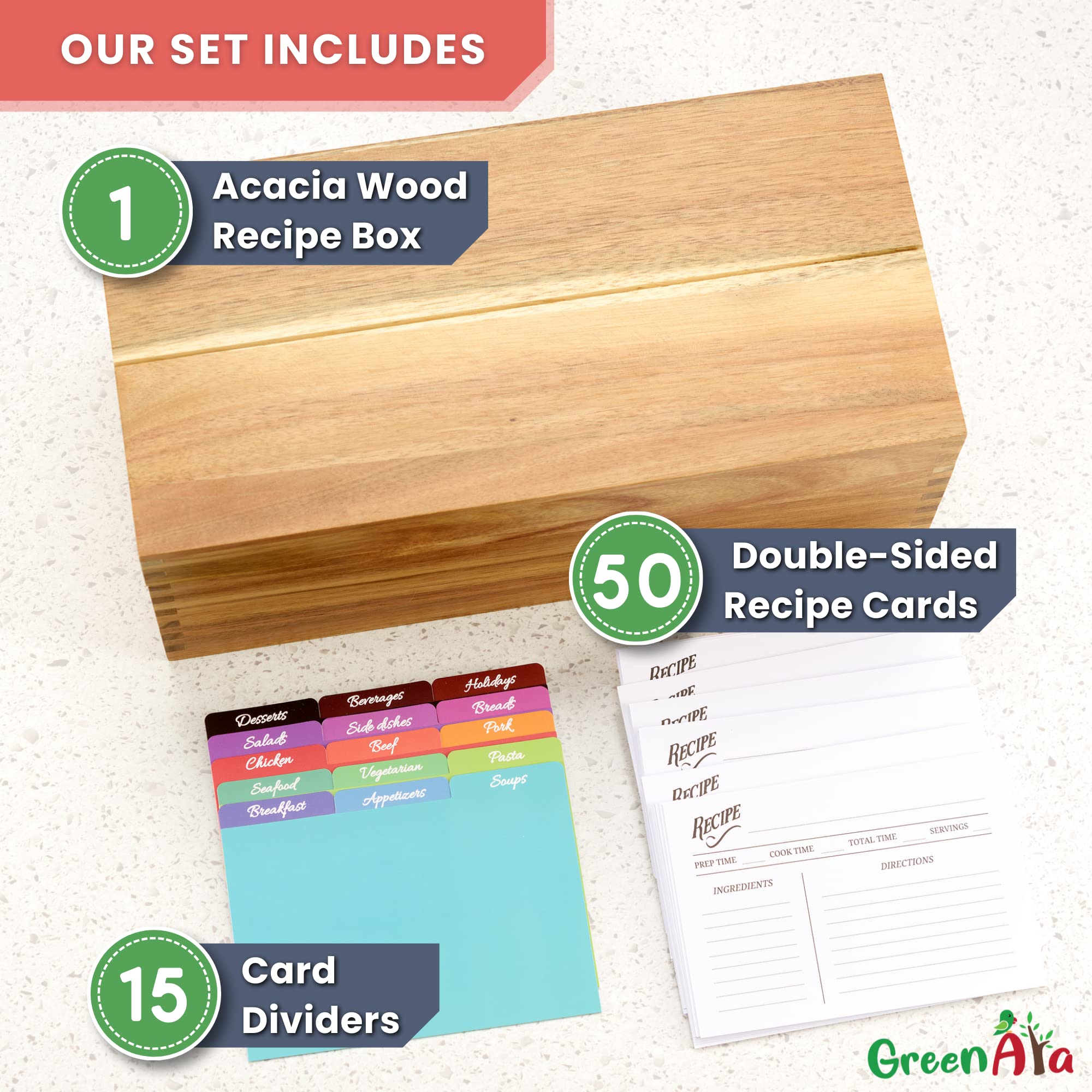 Beautiful Handcrafted Recipe Box of Genuine Acacia Wood - Larger Size Holds 500 4x6 Cards in 2 Rows. Includes 50 Cards, 15 Dividers, Grooved Lid Display. Protected with Mineral Varnish. Ideal Gift