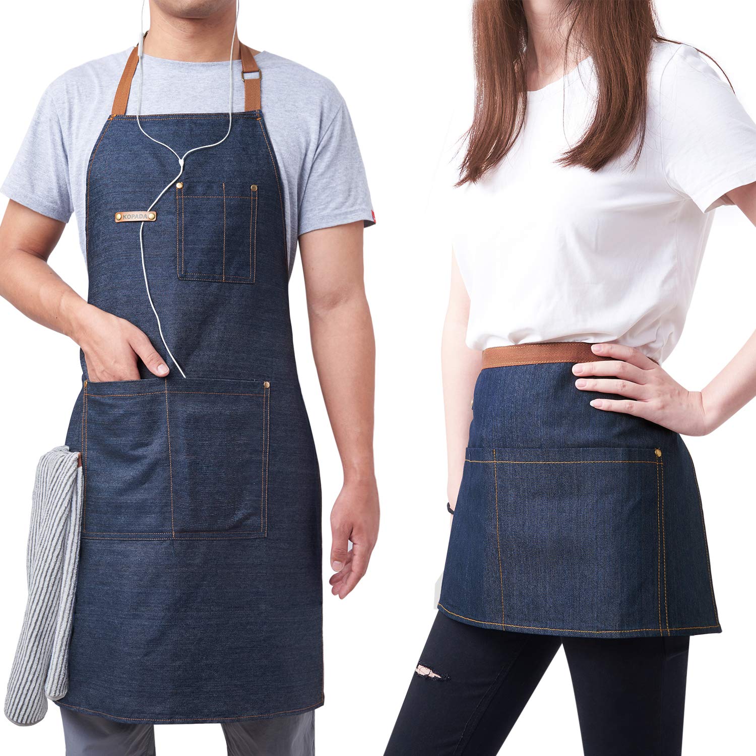 KPD 2 Pack Blue Unisex Waist Denim Aprons for Home and Kitchen,Chef Denim Apron For Waitress Half Short Aprons Restaurant For Women Men Serve