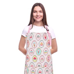 CRJHNS Cute Apron with 2 Pockets for Women, Adjustable Neck Strap and Long Waist Ties Cotton Cooking Baking Apron, Use as a Kitchen and Chef Apron, Artist or Garden Apron (Cupcake)