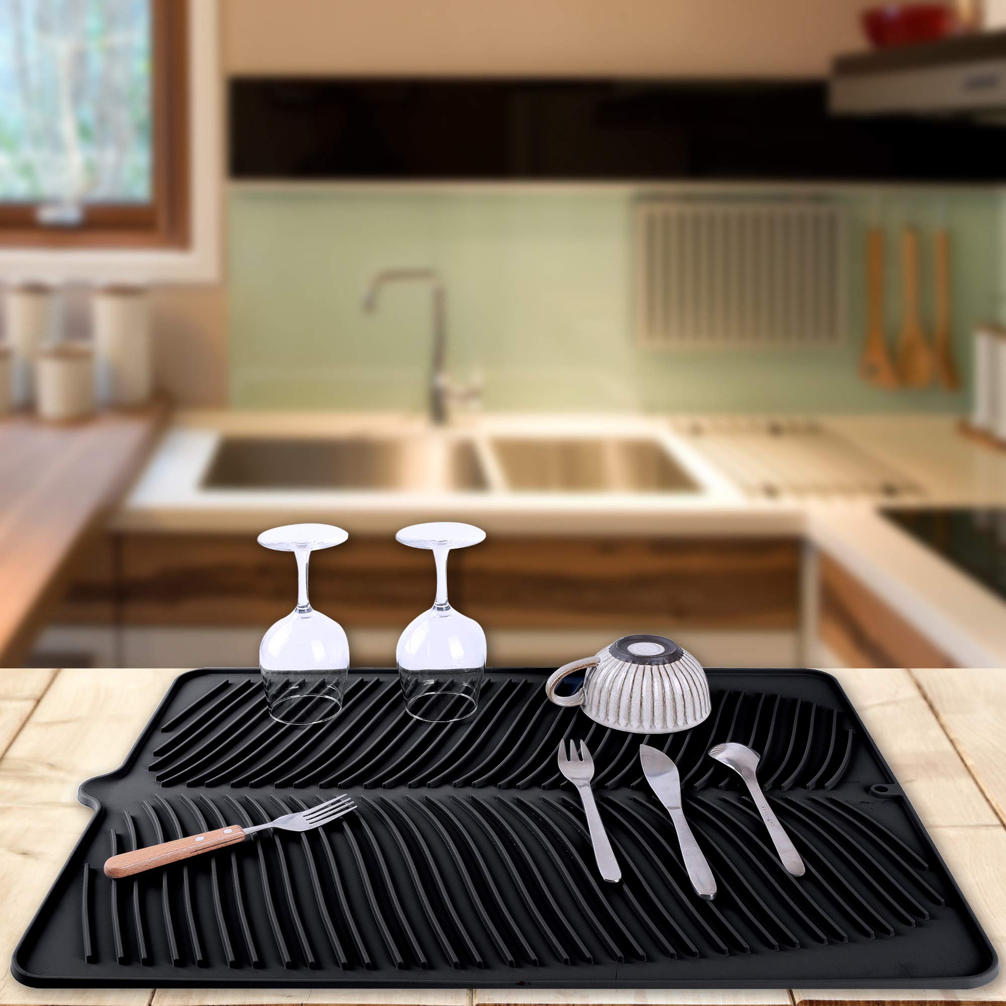 Yacee 100% Waterproof BPA Free Silicone Dish Drying Mat - 24" x 18" x 0.3" Large Drainer Mat Protection Heat Resistant Trivet Counter Top Mat Sink Non Slip Dish Draining Mat Dish Washer(XL, Black)