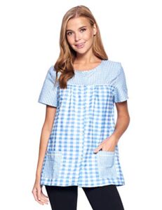 casual nights women's snap front smock cobbler woven scrub apron top with pockets - blue plaid - xx-large