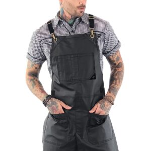 Under NY Sky Cross-Back Panther Black Apron – Coated Twill with Leather Reinforcement and Split-Leg – Adjustable for Men and Women – Pro Barber, Tattoo, Hair Stylist, Barista, Bartender, Server Aprons