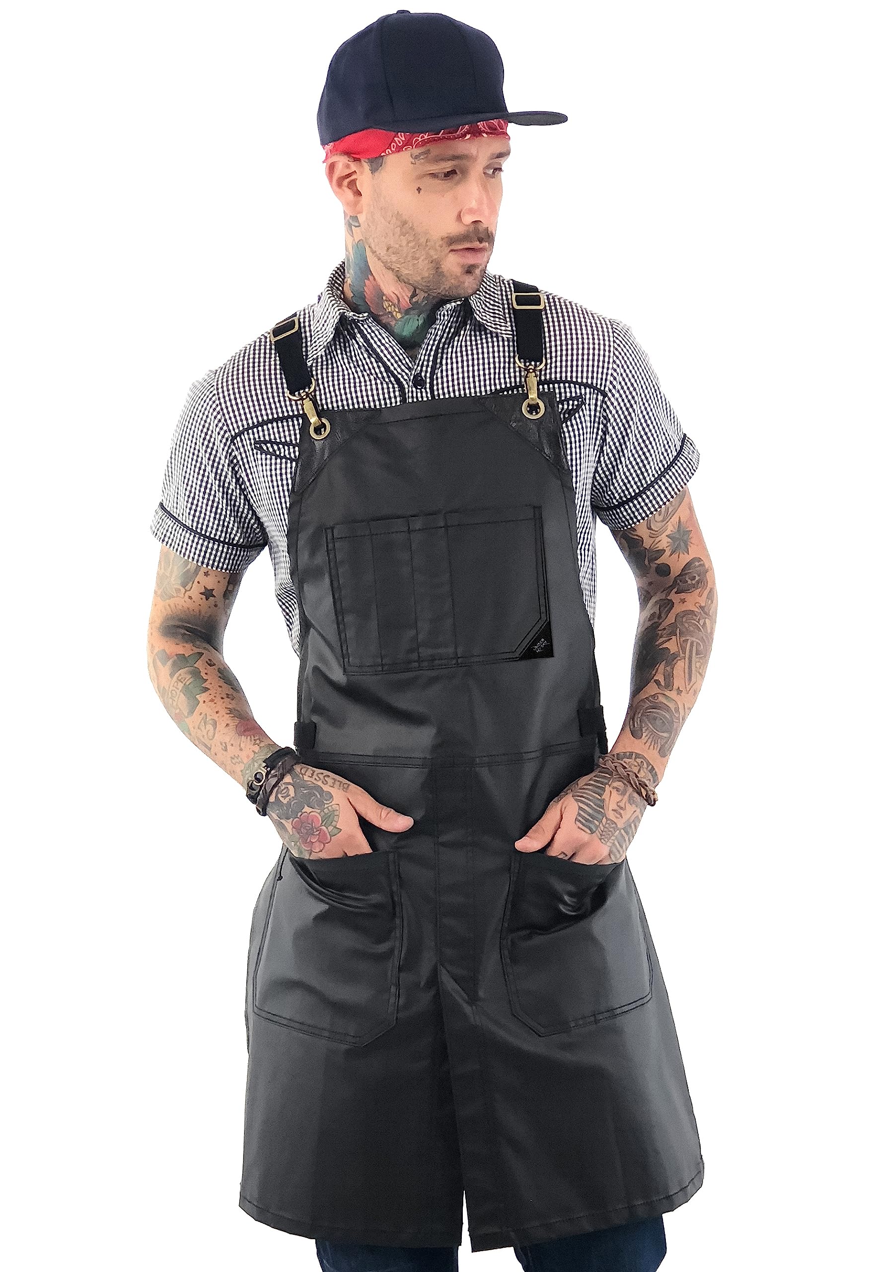 Under NY Sky Cross-Back Panther Black Apron – Coated Twill with Leather Reinforcement and Split-Leg – Adjustable for Men and Women – Pro Barber, Tattoo, Hair Stylist, Barista, Bartender, Server Aprons