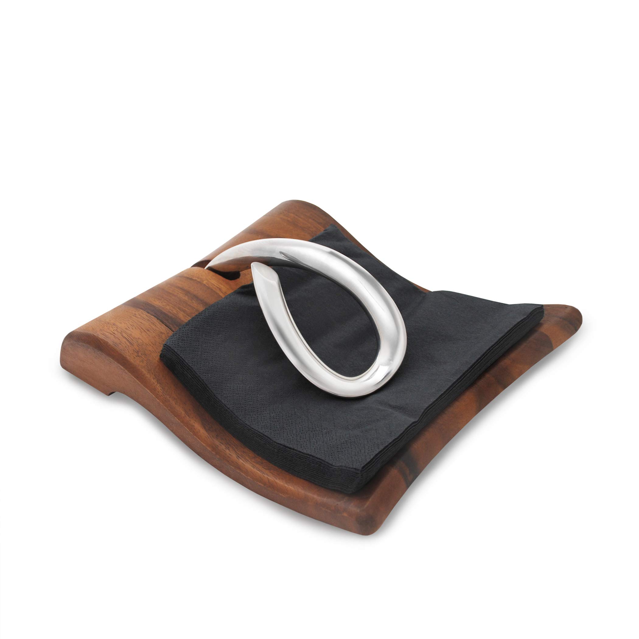 nambe Breeze Napkin Holder | Tabletop Napkin Tray for Parties, Weddings, and Events | Made of Acacia Wood and Stainless Steel | Measures at 9" x 7.5" x 3" | Designed by Neil Cohen