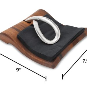 nambe Breeze Napkin Holder | Tabletop Napkin Tray for Parties, Weddings, and Events | Made of Acacia Wood and Stainless Steel | Measures at 9" x 7.5" x 3" | Designed by Neil Cohen