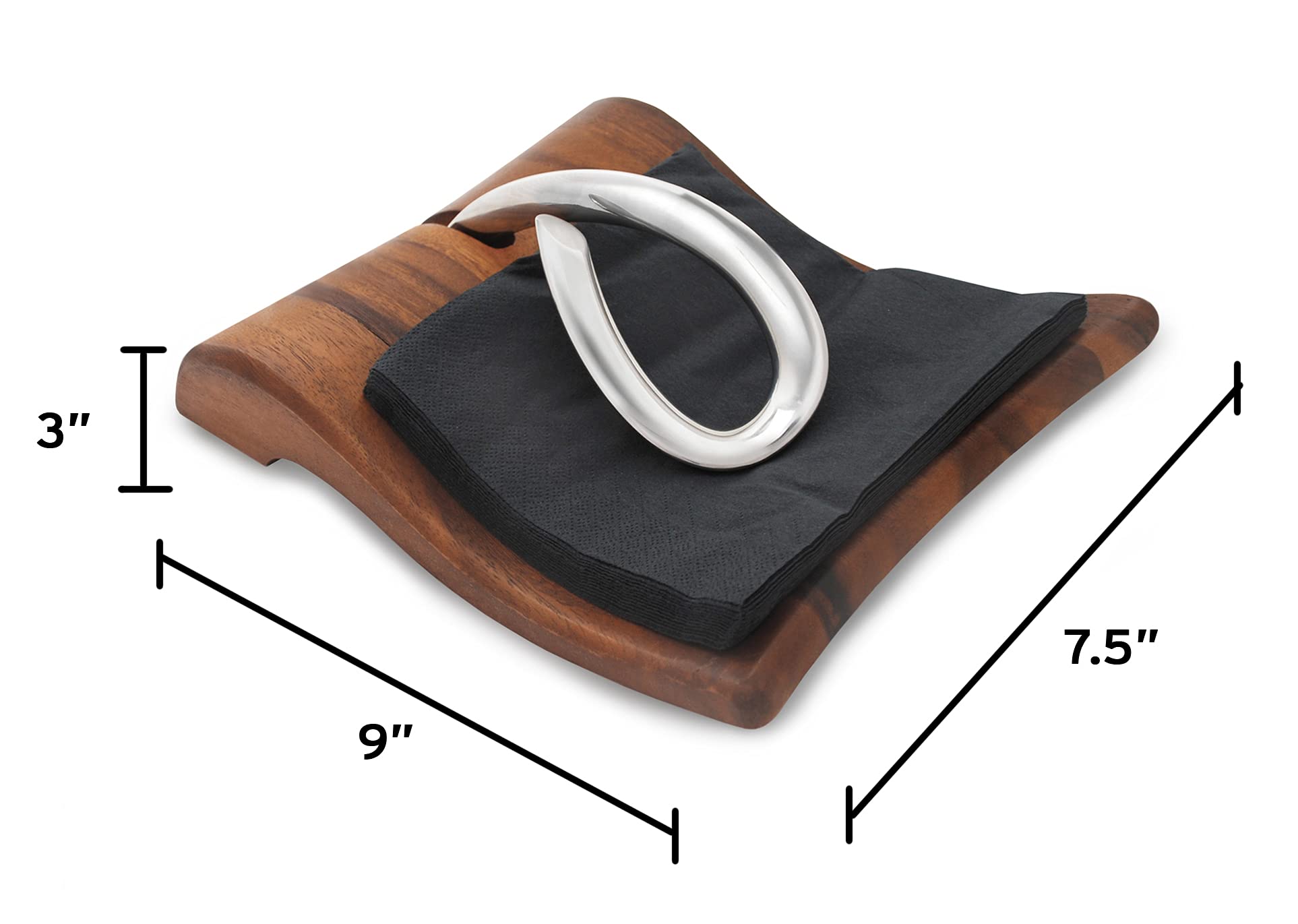 nambe Breeze Napkin Holder | Tabletop Napkin Tray for Parties, Weddings, and Events | Made of Acacia Wood and Stainless Steel | Measures at 9" x 7.5" x 3" | Designed by Neil Cohen