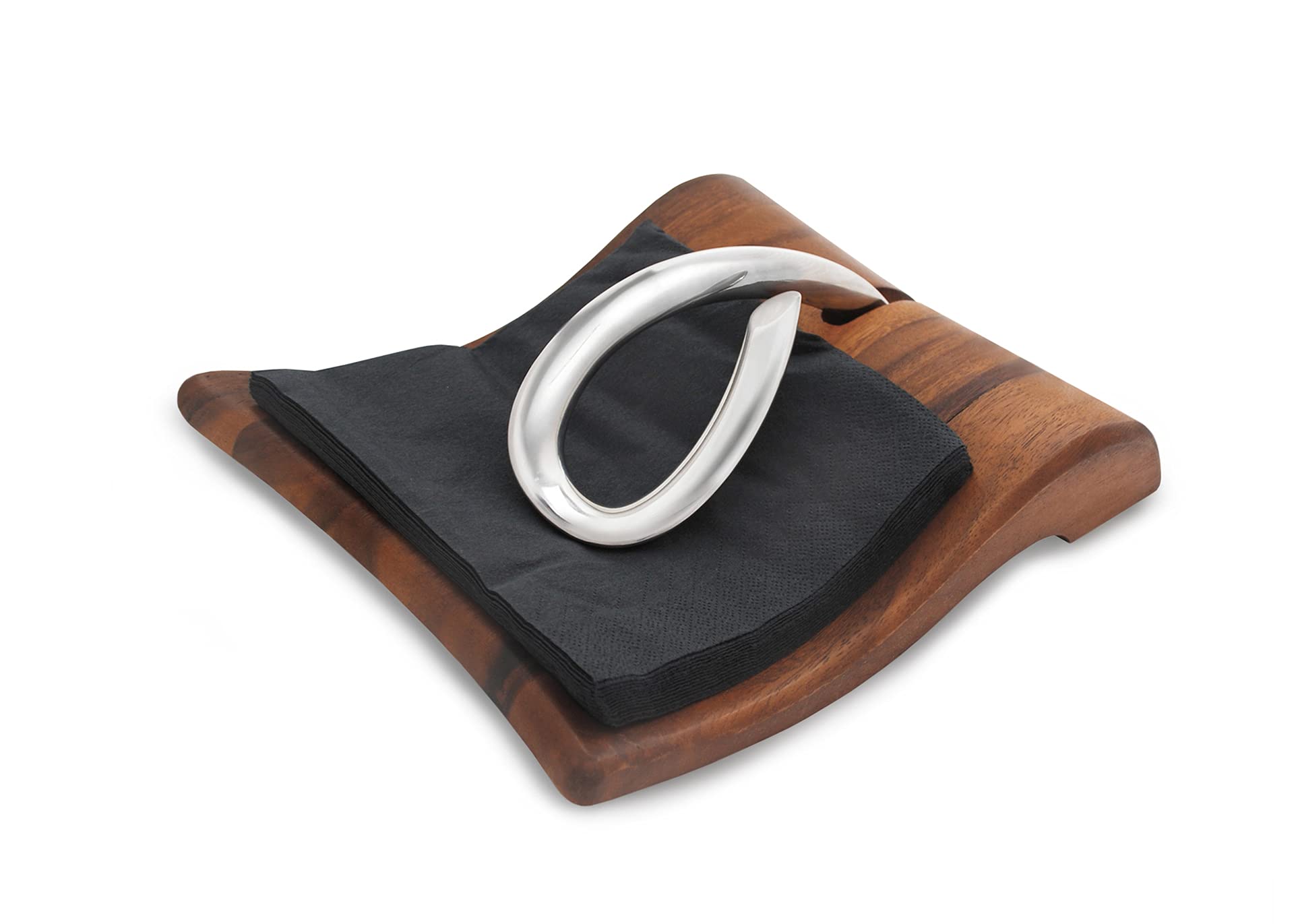 nambe Breeze Napkin Holder | Tabletop Napkin Tray for Parties, Weddings, and Events | Made of Acacia Wood and Stainless Steel | Measures at 9" x 7.5" x 3" | Designed by Neil Cohen