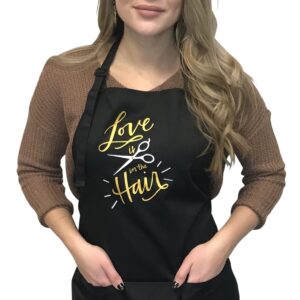 plum hill love is in the hair stylist apron for hairdressers, salons, cosmetology, black