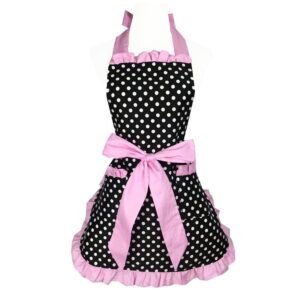 hyzrz cute apron retro black polka dot retro ruffle side vintage cooking aprons with pockets for women girls (side pink)
