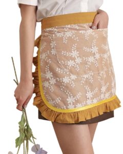 floosum lovely waist apron with 2 pockets - cotton lace embroidered server aprons waitress apron half bistro short apron for womens girls(yellow)