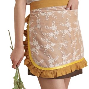 Floosum Lovely Waist Apron with 2 Pockets - Cotton Lace Embroidered Server Aprons Waitress Apron Half Bistro Short Apron for Womens Girls(Yellow)