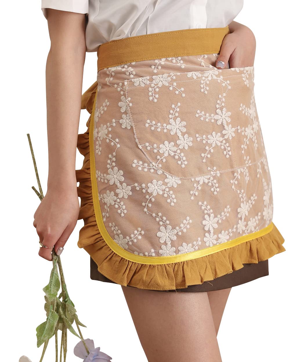 Floosum Lovely Waist Apron with 2 Pockets - Cotton Lace Embroidered Server Aprons Waitress Apron Half Bistro Short Apron for Womens Girls(Yellow)