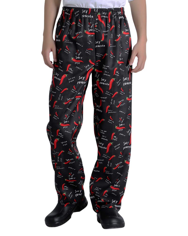 Men’s and Women's Baggy Printed Chef Pants Kitchen Uniforms with Elastic Waist Pants New Chili L