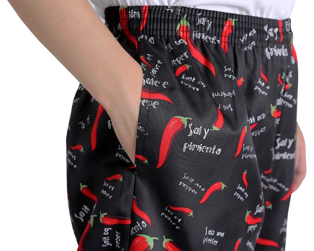 Men’s and Women's Baggy Printed Chef Pants Kitchen Uniforms with Elastic Waist Pants New Chili L