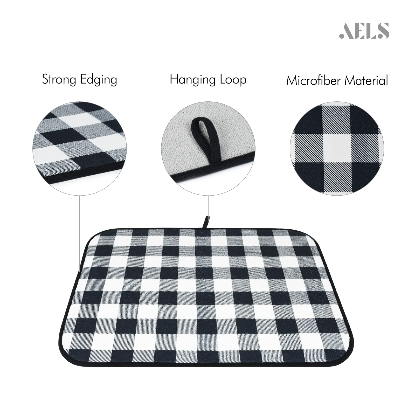 AELS XL 24" x 18" Dish Drying Mat, Set of 2, for Kitchen Counter, Buffalo Check Plaid Tartan Reversible Absorbent Microfiber Dish Drainer/Rack Pads with Hanging Loop