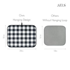 AELS XL 24" x 18" Dish Drying Mat, Set of 2, for Kitchen Counter, Buffalo Check Plaid Tartan Reversible Absorbent Microfiber Dish Drainer/Rack Pads with Hanging Loop