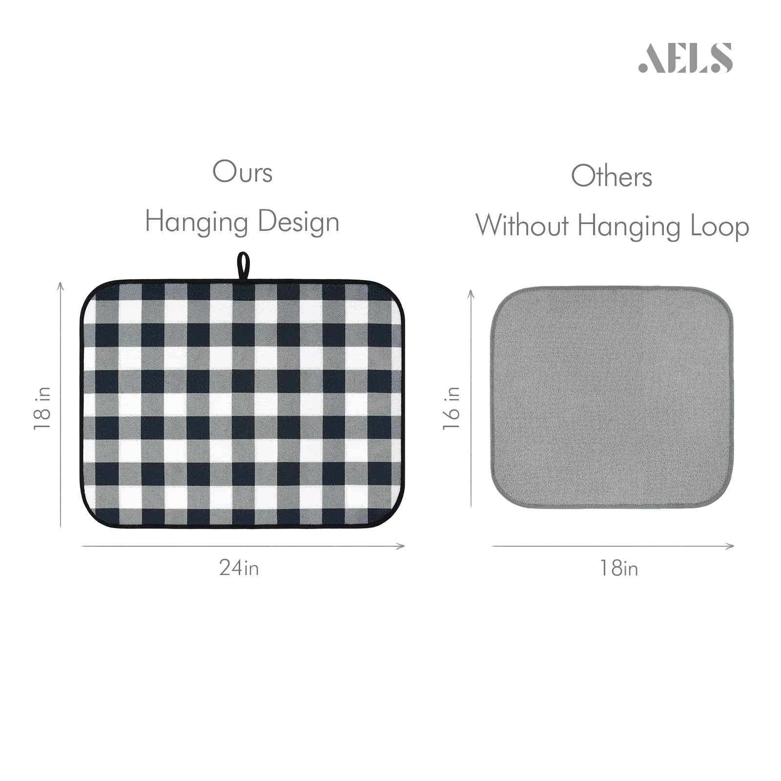AELS XL 24" x 18" Dish Drying Mat, Set of 2, for Kitchen Counter, Buffalo Check Plaid Tartan Reversible Absorbent Microfiber Dish Drainer/Rack Pads with Hanging Loop