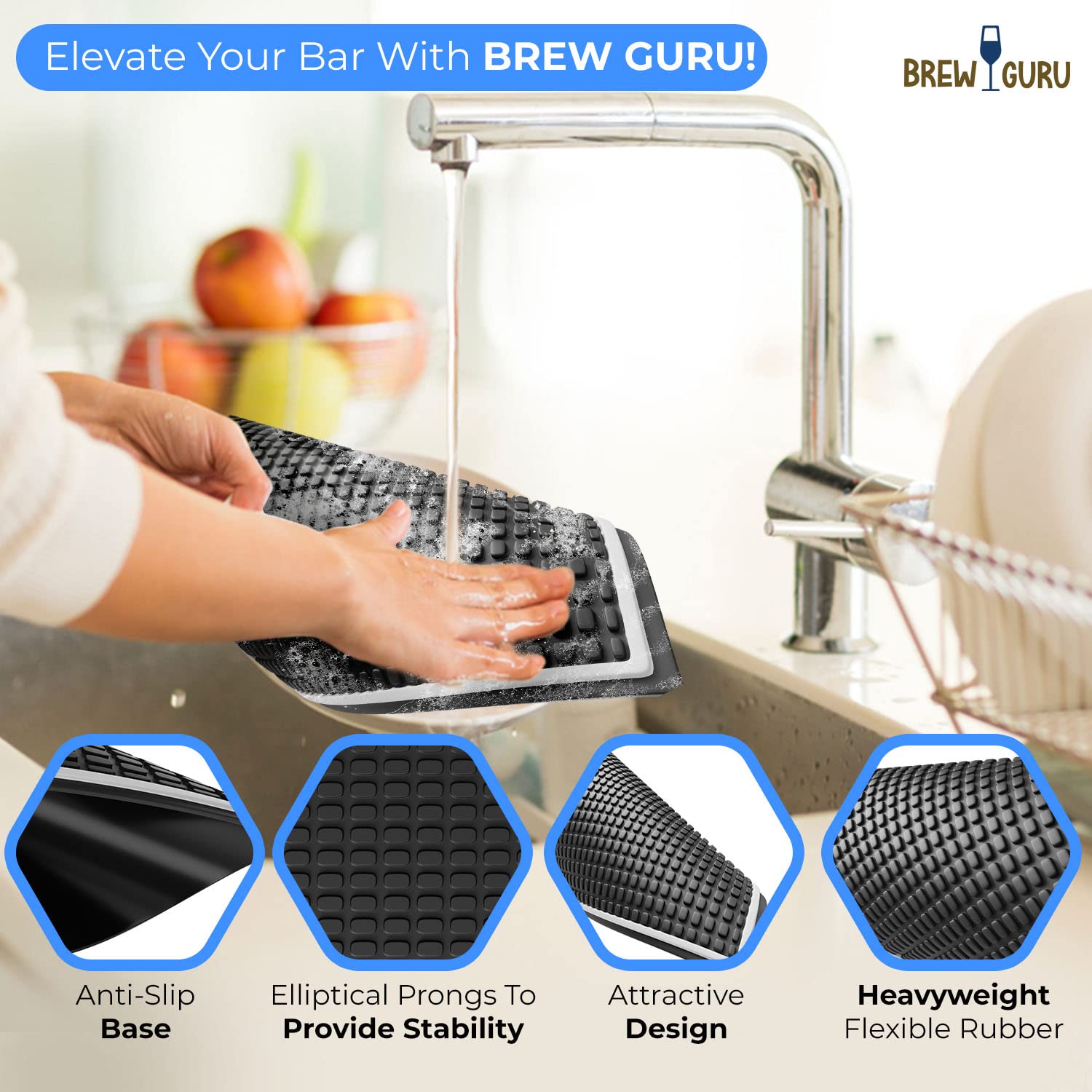 Brew Guru Durable Bar Mat for Spills. Non-Slip Spill Mat for Home Bar Decor 1-Pack Black 17.7" x 11.8" - Bar Mats for Countertop - Bar Accessories Mat for Kitchen Counter- Service Mat for Coffee