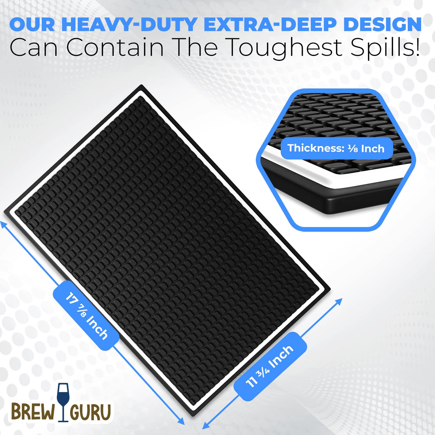 Brew Guru Durable Bar Mat for Spills. Non-Slip Spill Mat for Home Bar Decor 1-Pack Black 17.7" x 11.8" - Bar Mats for Countertop - Bar Accessories Mat for Kitchen Counter- Service Mat for Coffee