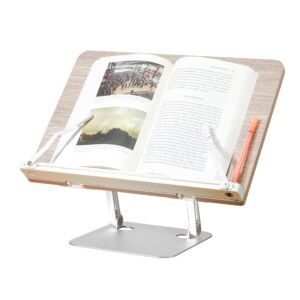 asparkliving wooden desktop reading writing book stand, aluminum base, height and angle adjustable for holding cookbook, recipe, small large thick heavy books